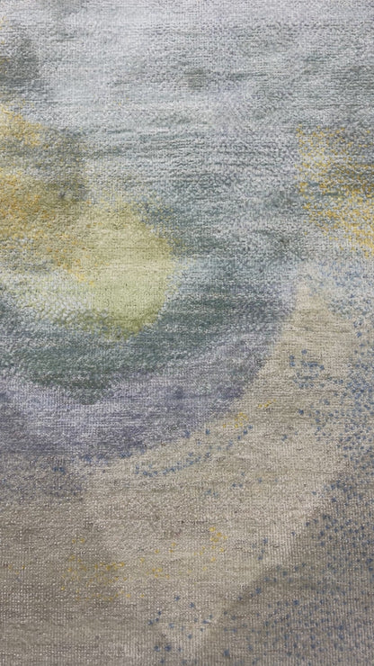 Gold and Blue, Pure Silk Modern Abstract Handknotted 9.11x11.11ft 257x365Cms Area Rug