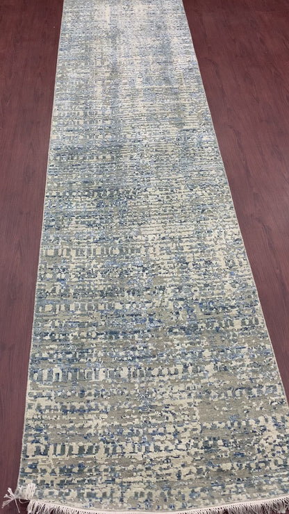 Grey, Ivory and Blue Silk and Wool Modern Textured Handknotted Runner Rug