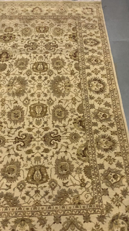 Mughal Beige, Brown and Brown Traditional Ushak Pure Wool Luxury Handknotted Area Rug