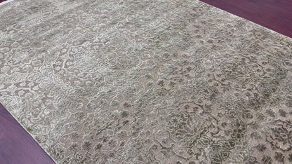 Camel Brown and Silver, Silk and Wool Oxidized Modern Damask Handknotted 6.0x8.11Ft 182x270Cms Area Rug
