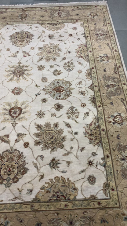 Mughal Darbar Ivory Beige and Camel Traditional Pure Wool Handknotted 8.0x9.11Ft 243x301Cms Area Rug