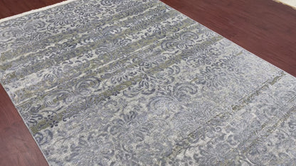 L.Blue and Grey, Silk and Wool Oxidized Modern Damask Handknotted 6.0x8.11Ft 183x271Cms Area Rug