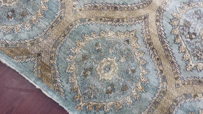 Blue and Camel, Pure Silk Regular Transitional Handknotted 8.0x10.0Ft 244x305Cms Area Rug