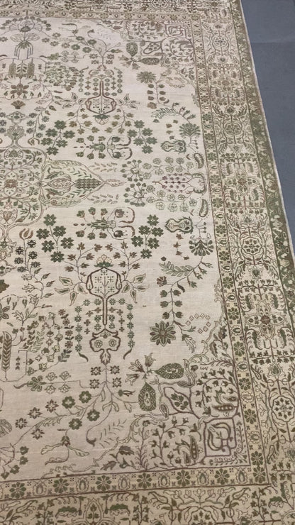 Garden Ivory, Green and Camel Traditional Kashan Pure Wool Luxury Handknotted 7.11x9.8Ft 242x293Cms Area Rug