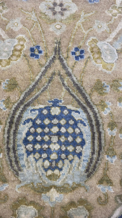Beige and Blue, Blended Silk Transitional Persian Handknotted 9.10x14.5ft 303x442Cms Area Rug