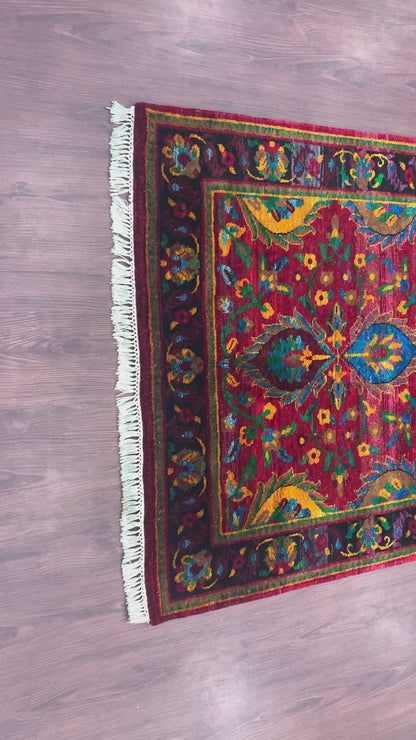 Red Multi Pure Sari Silk Traditional Luxury Handknotted 3.11x6.1Ft 121x185 Area Rug