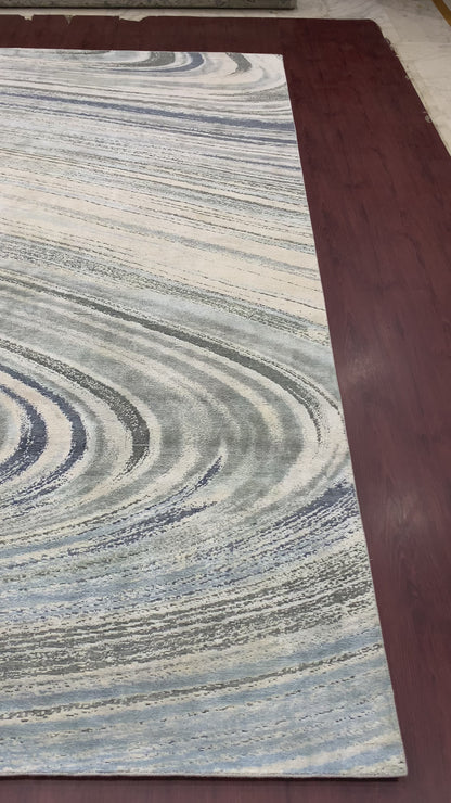 Grey and Blue Silk and Wool Modern Abstract Handknotted Area Rug