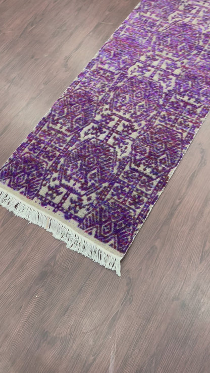 Purple and Ivory, Sari Silk and Wool Oxidized Transitional Handknotted 2.5x9.11Ft 73x302Cms Area Rug
