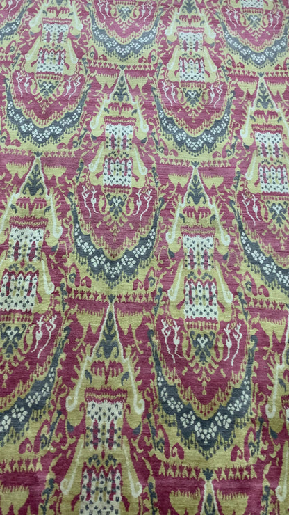 Ikat Red, Pink, Grey and Gold Transitional Pure Silk Handknotted Area Rug