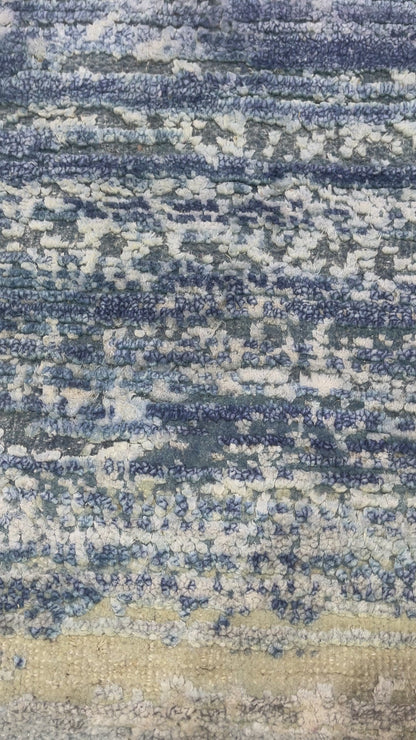 Blue and Ivory Silk and Wool Oxidized Abstract Modern Handknotted 7.11x9.11ft 244x305Cms Area Rug