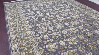 Garden Lavender, Camel, Ivory and Multy Pure Silk Transitional Geometrical Handknotted Area Rug 8.11x12.3ft 273x372Cms