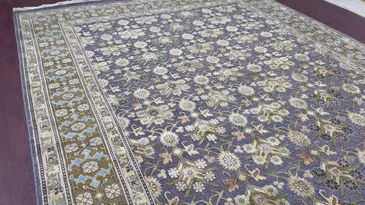 Garden Lavender, Camel, Ivory and Multy Pure Silk Transitional Geometrical Handknotted Area Rug 8.11x12.3ft 273x372Cms