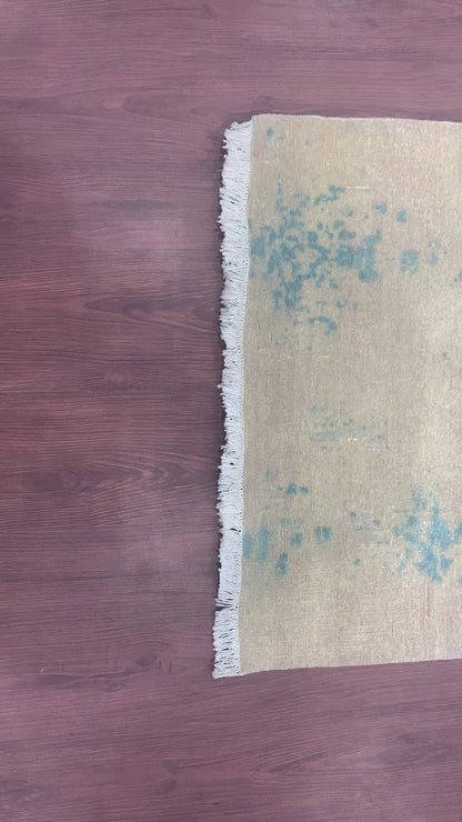 Beige and Blue, Silk and Wool Regular Modern Handknotted 3.2x4.11Ft 95x157Cms Area Rug