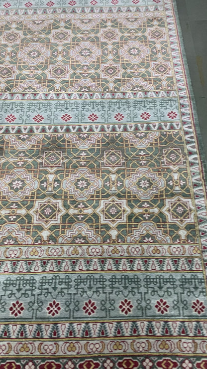 Garden Green, Silver and Blue Transitional Geometrical Pure Silk Handknotted Area Rug