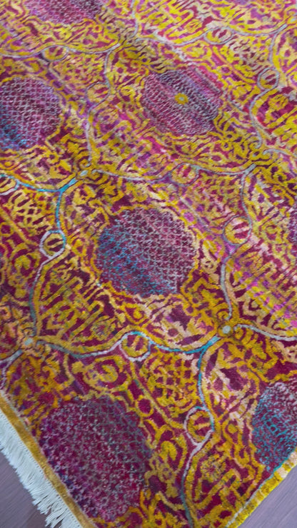 Orange and Pink Pure Sari Silk Modern Handknotted 6.0x9.4Ft 184x284Cms Area Rug