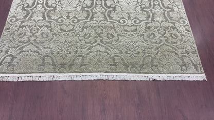 Grey and Green Silk and Wool Transitional Handknotted Area Rug 5.11x8.11ft 179x272Cms