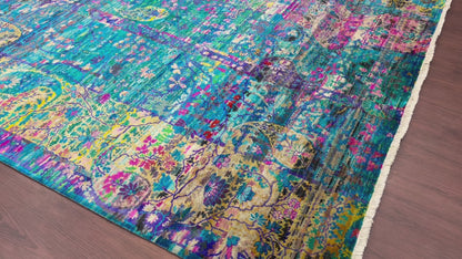 Blue Multy, Pure Sari Silk Transitional Handknotted 7.7x9.8Ft 230x293Cms Area Rug