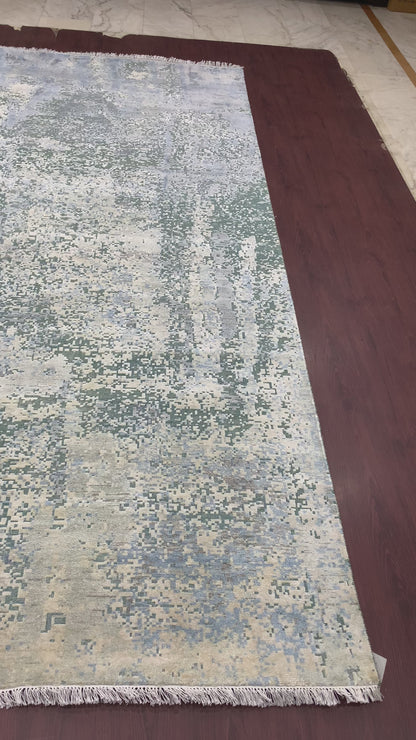 Silver, Blue and Beige Silk and Wool Modern Abstract Handknotted Area Rug