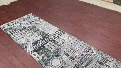 Silver and Grey, Viscose and Wool Oxidized Abstract Modern Handknotted 2.7x9.9Ft 78x296Cms Area Rug