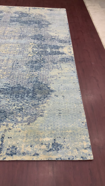 Beige and Blue Silk and Wool Modern Textured Handknotted Area Rug