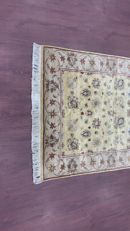 Yellow and Ivory, Pure Silk Traditional Handknotted 3.0x5.2Ft 92x156Cms Area Rug