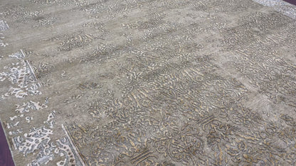 Beige and Gold, Silk and Wool Oxidized Transitional Handknotted 9.0X12.0Ft 275x365Cms Area Rug