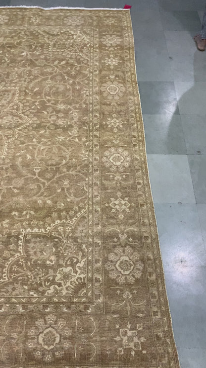 Floral Brown Ivory and Camel Traditional Tebriz Pure Wool Luxury Handknotted 7.9x9.10Ft 236x298Cms Area Rug