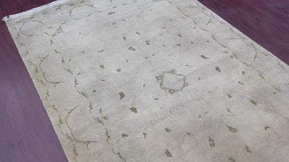 Ivory and Brown, Pure Wool Hi-Lo Transitional Handknotted 4.1x6.4Ft 104x194Cms Area Rug