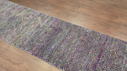 Grey and Purple, Sari Silk and Wool Oxidized Modern Geometrical Handknotted 2.8x9.10Ft 80x298Cms Area Rug