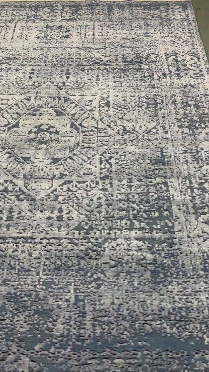 Mamluk Erased Silver and Blue Viscose and Wool Transitional Handknotted Area Rug