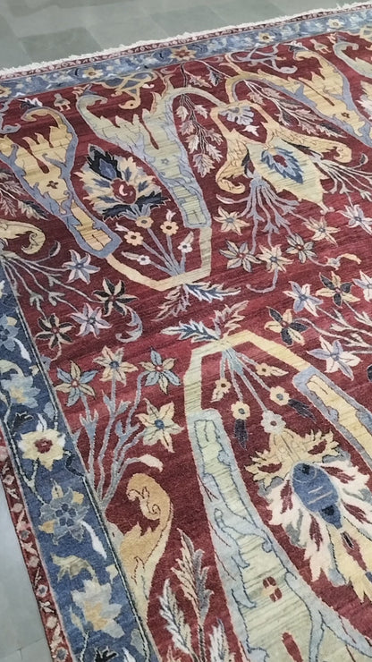 Red Blue, Pure Silk, Sari Silk Wool Transitional Handknotted 9.0X12.2Ft 273x370Cms Area Rug