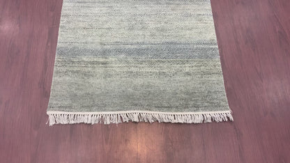 Grey and Green, Silk and Wool Oxidized Modern Handknotted 2.11x5.3Ft 88x160Cms Area Rug