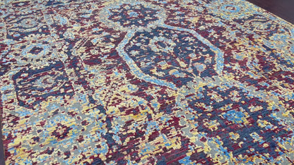 Orange and D. Blue, Viscose and Wool Oxidized Traditional Handknotted 9.0x12.0Ft 275x365Cms Area Rug