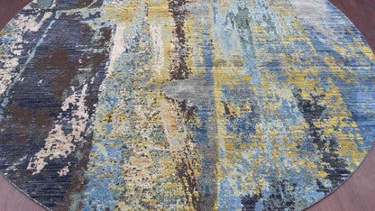 Blue, Gold, Grey and Beige Silk and Wool Modern Handknotted Rond Rug