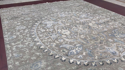 Blue, Ivory Viscose and Wool Transitional Handknotted Area Rug 8.9x12.2ft 267x370Cms