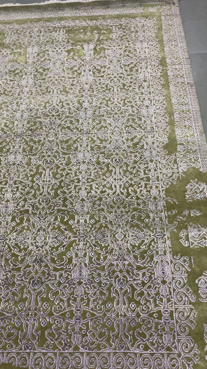 Olive Green and Ivory, Silk and Wool Hi-Lo Transitional Erased Jankat Handknotted 8.1x10.3Ft 245x311Cms Area Rug