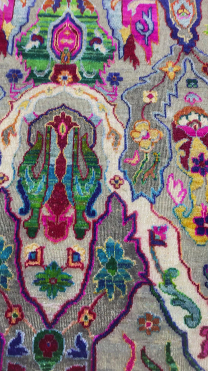 Grey and Multy, Sari Silk and Wool Oxidized Transitional Bidzar Handknotted 8.11X11.11Ft 271X364Cms Area Rug