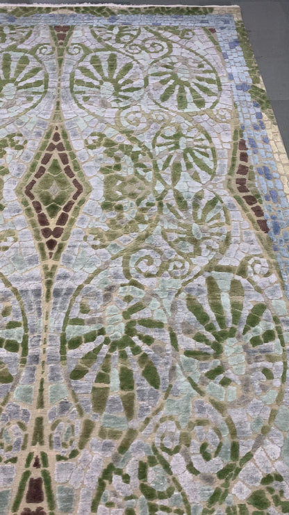 Malibu Ivory, Green and Light Blue Transitional Muzak Handknotted 7.11x10.7Ft 241x322Cms Area Rug