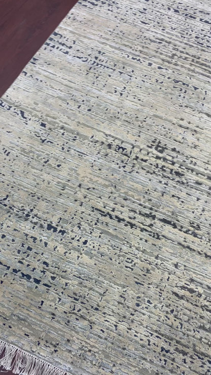 Ivory Blue, Silk Wool Oxidized Textured Modern Handknotted 8.10x12.0Ft 269x367Cms Area Rug