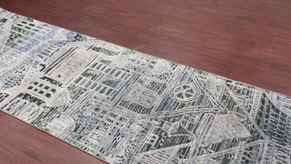 Grey, Silver and Blue Silk and Wool Modern Handknotted Runner Rug