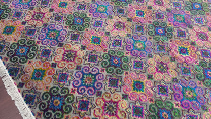 Pink Multy, Sari Silk and Wool Oxidized Transitional Handknotted 7.10x10.4Ft 238x316Cms Area Rug