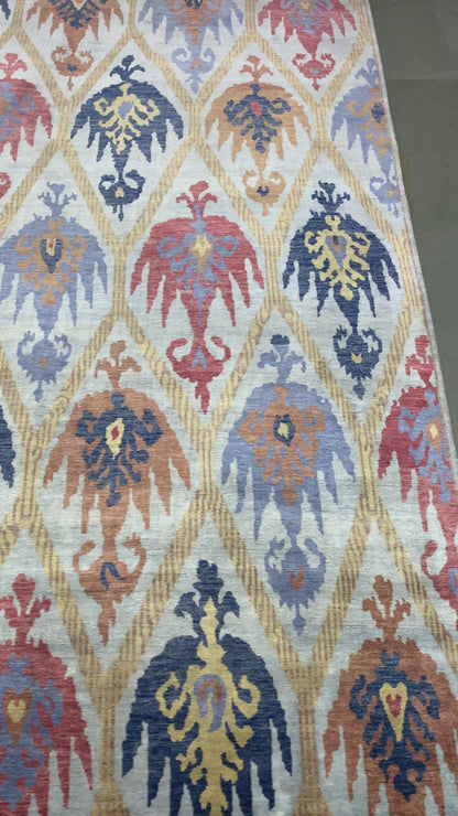 Allegra L.Blue, Camel and Red Transitional Oushak Pure Silk Handknotted 7.10x9.11Ft 240x303Cms Area Rug