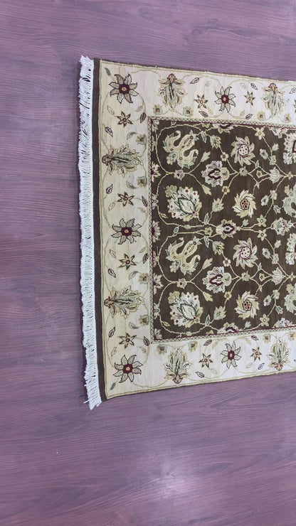 Ivory and Brown Pure Silk Traditional Luxurious Handknotted 3.0x5.0Ft 92x152Cms Area Rug