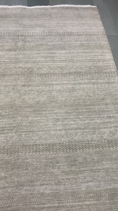 Modern Grass Beige and Grey Silk and Wool Handknotted Area Rug