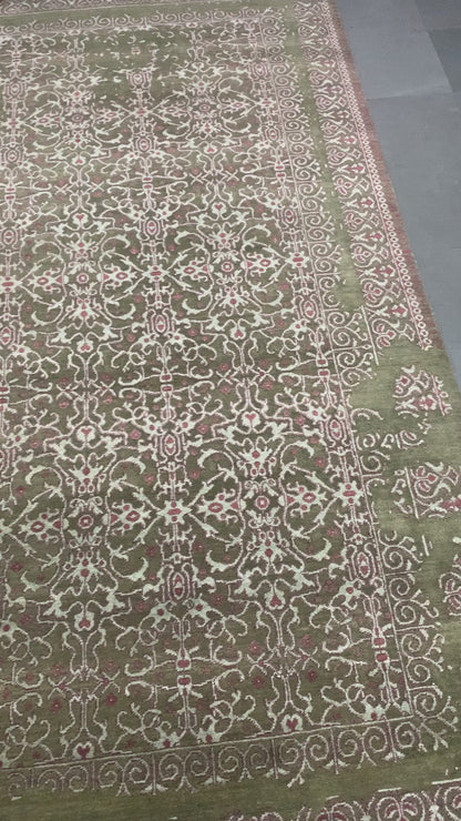 Garden Olive Green, Ivory and Red Transitional Erased Handknotted 7.11x10.3Ft 242x311Cms Area Rug