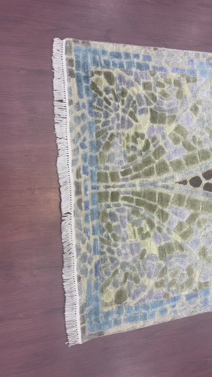 Grey and Gold, Silk and Wool Oxidized Modern Handknotted 4.0x6.1Ft 122x185Cms Area Rug