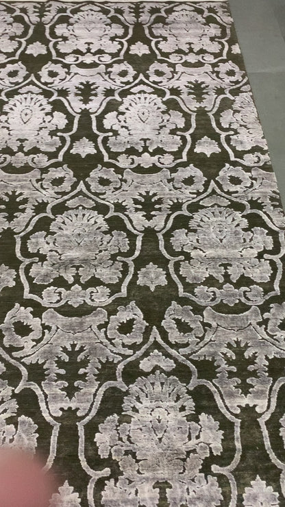 Crown Damask Brown and Ivory Transitional Handknotted 8.1x9.11Ft 247x302Cms Area Rug