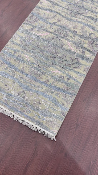 L.Blue and Beige, Viscose and Wool Oxidized Transitional Handknotted 2.6x12.0Ft 76x366Cms Area Rug