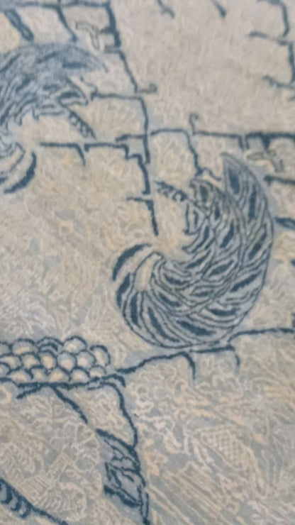 Grey and Blue, Pure Wool Zero Pile Transitional Handknotted 7.9x10.1Ft 240x304Cms Area Rug