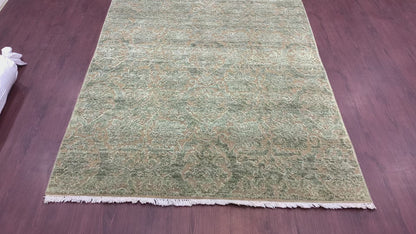 Camel Green Silk and Wool Transitional Handknotted Area Rug